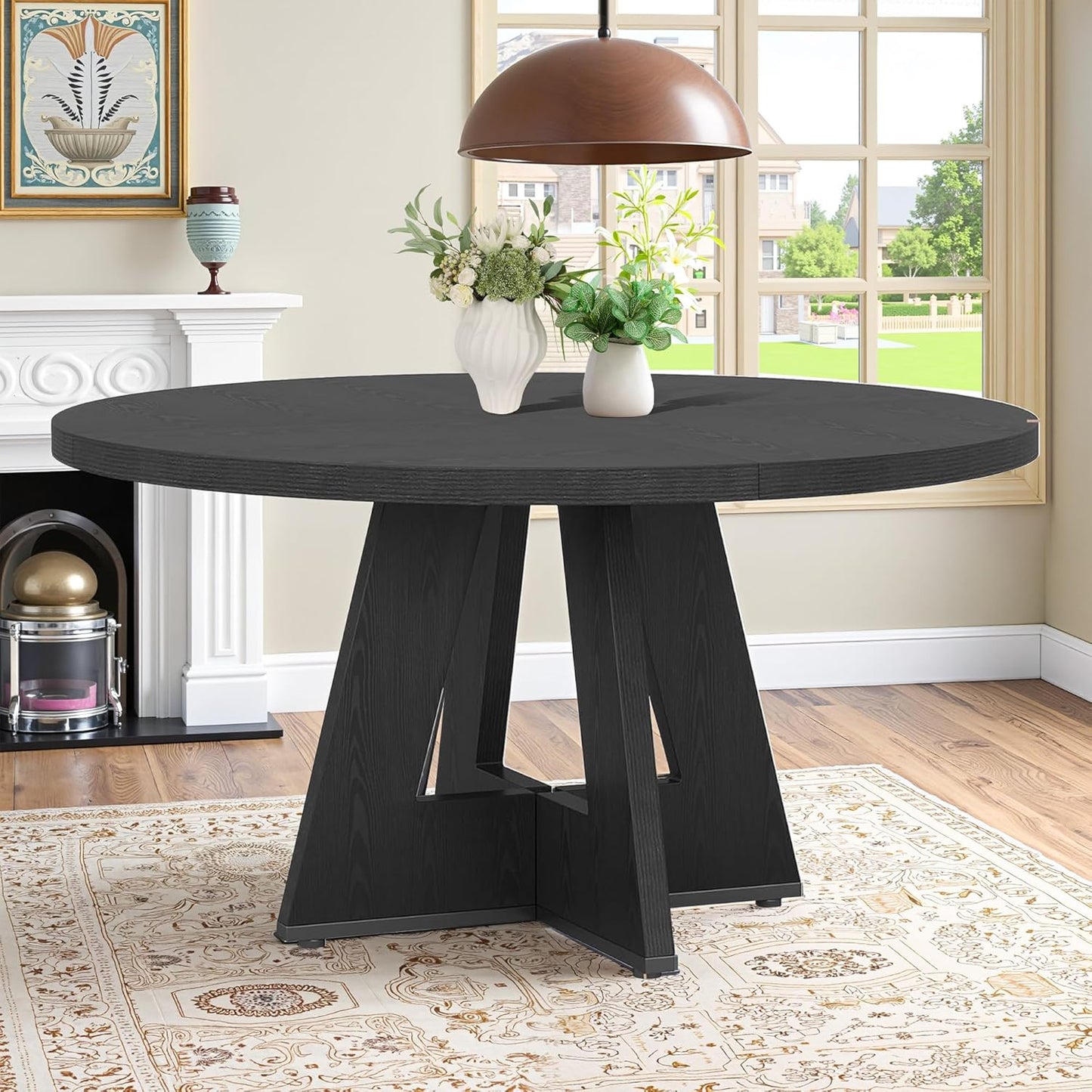 Okak 31.5 Inch Round Dining Table for 2-4, Modern Dinner Table Small Circle Dining Room Tables Farmhouse Kitchen Tables with Metal Base for Dining Room, Kitchen, Living Room, Small Space, Dark Black