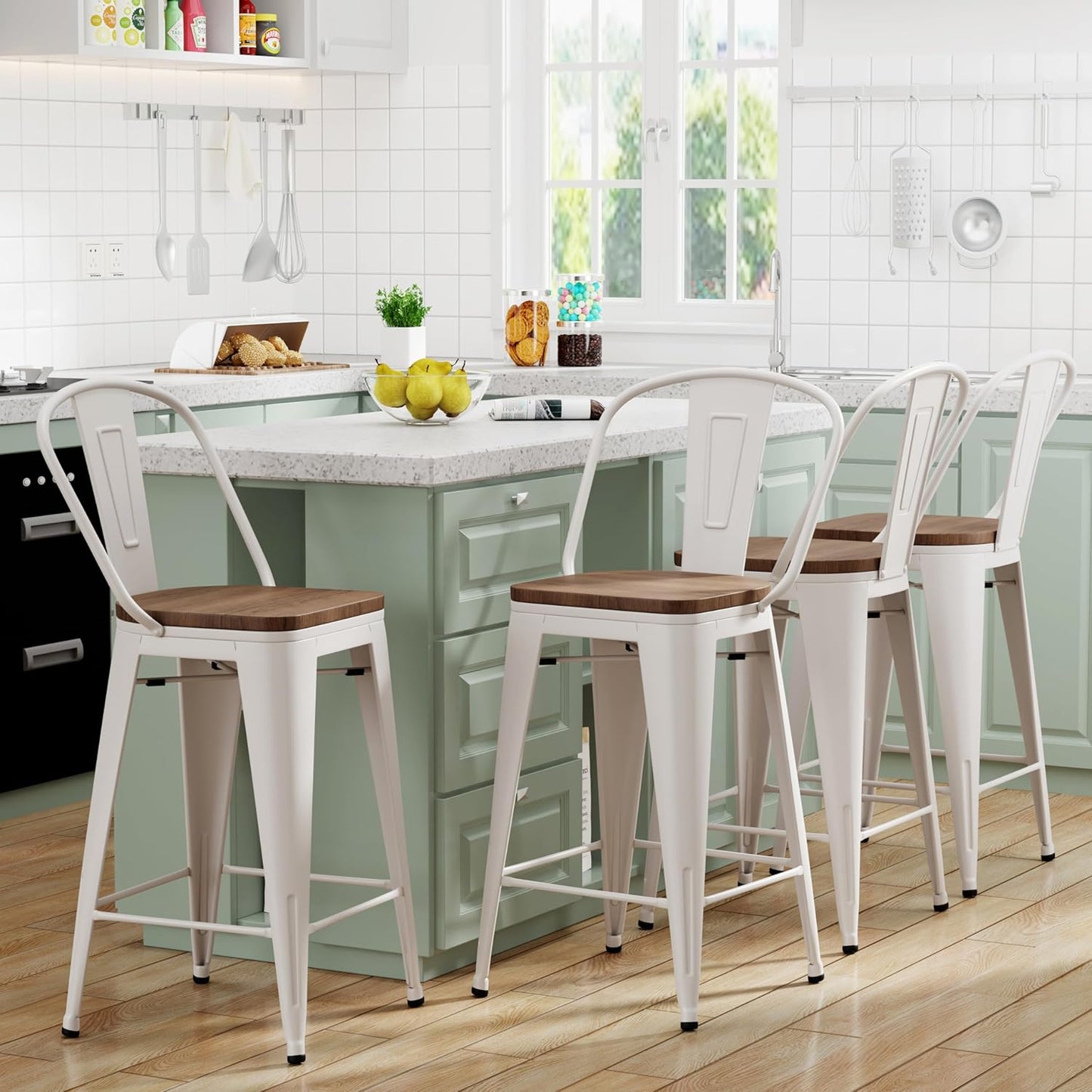 Yongqiang Barstools Set of 4 Counter Height Bar Stools for Kitchen Island Farmhouse Metal High Back Bar Chairs Wooden Seat 24" Matte Black