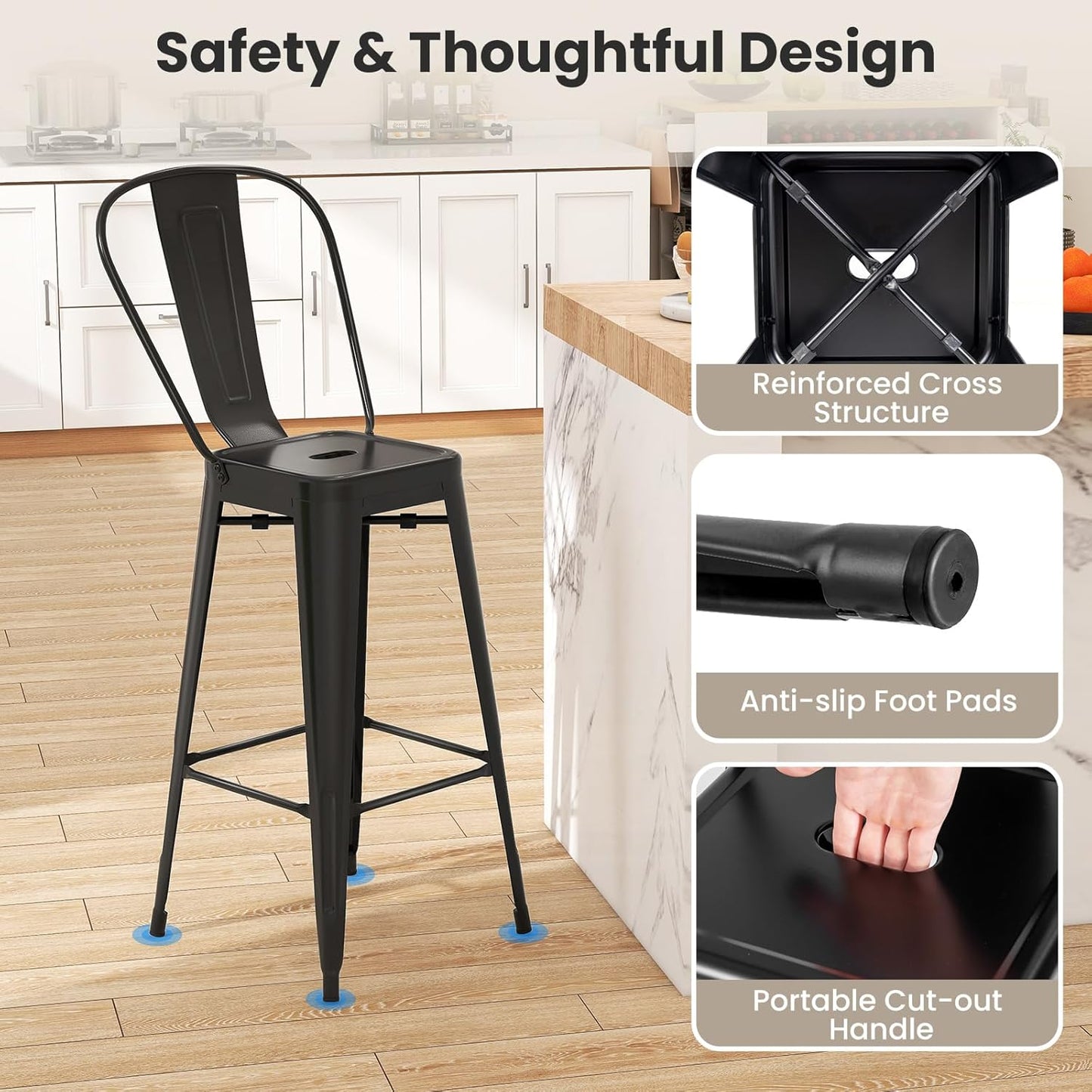 COSTWAY 30'' Metal Bar stools Set of 4, with Removable Back,Bar Height Stools with Rubber Feet, Stylish and Modern Chairs, for Kitchen, Dining Rooms, and Side Bar (Black-Update, 30'')