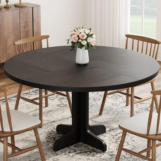 IDEALHOUSE Round Dining Table for 4, 47 Inches Dining Room Table with Wooden Base, Circle Kitchen Dinner Table for Dining Room, Kitchen, Living Room (Table Only), Black