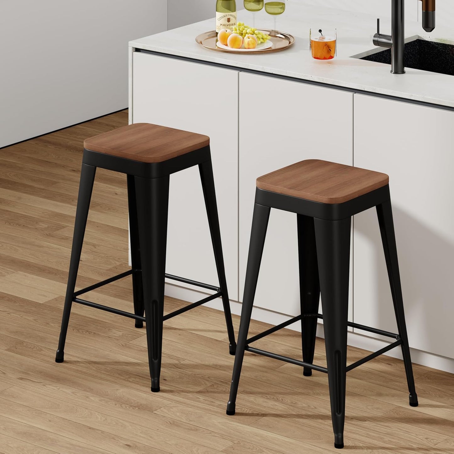 Barstools Set of 4 White Metal Bar Stools Industrial Modern Bar Chairs with Wood Top for Kitchen Island Counter Height Cafe Resturant Stools (Black Without Back, 26 inch Counter Height)