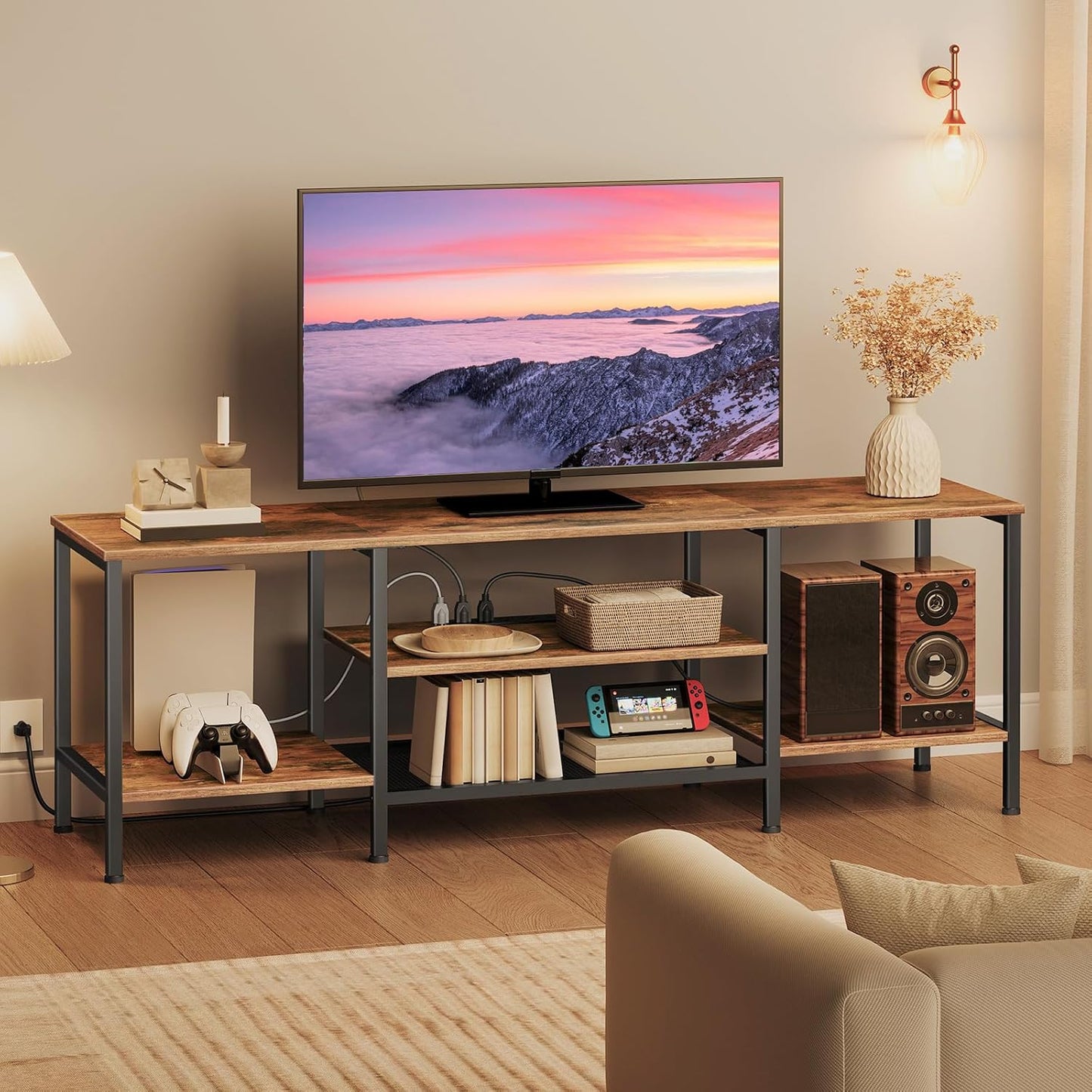HOOBRO TV Stand with Power Outlets to 65 Inches, TV Console Table with Open Storage Shelves, Industrial Media Entertainment Center for Living Room Bedroom, Rustic Brown and Black BF40DS01
