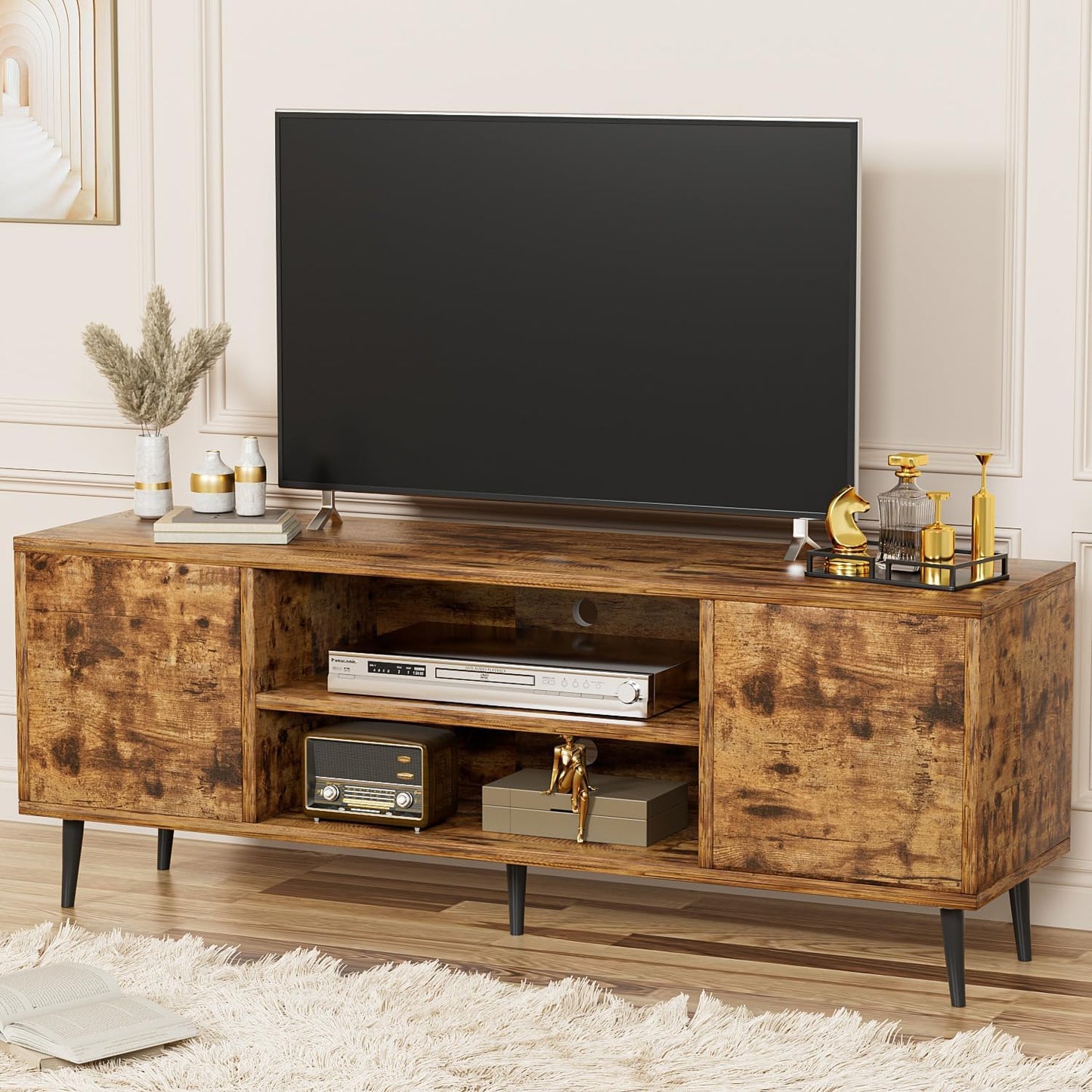 YESHOMY Modern TV Stand for 65" Television, Entertainment Center with Two Storage Cabinets, Retro Style Media Console for Living Room, Bedroom, Office, 58 Inch, White and Coffee