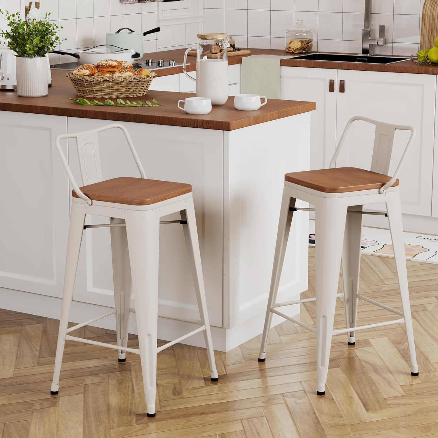 Yongchuang 24" Metal Barstools Set of 4 Counter Bar Stools with Wood Top Low Back Matte Black