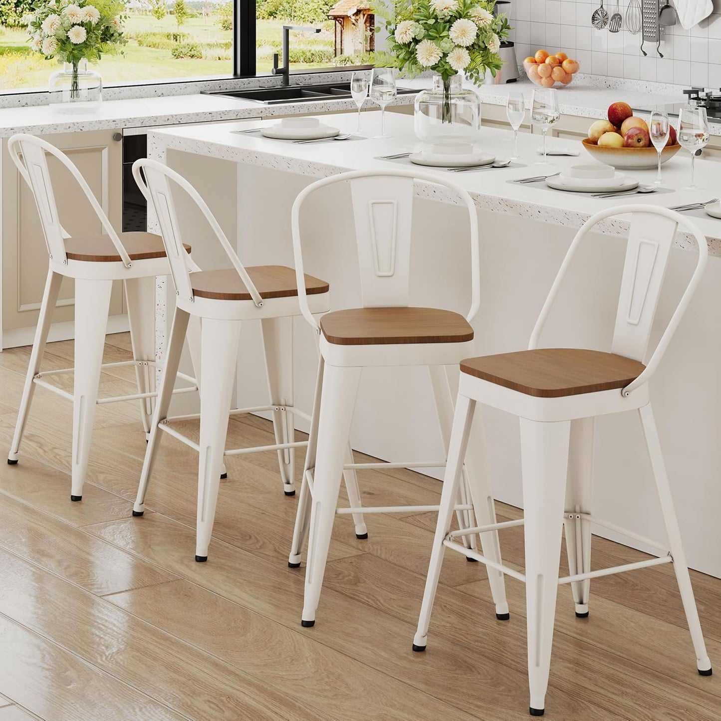 Andeworld Metal Bar Stools Set of 4, 24 inch Counter Height Barstools with Backs Farmhouse Modern High Back Bar Stools with Larger Seat Kitchen Dining Bar Chairs,Matte Black