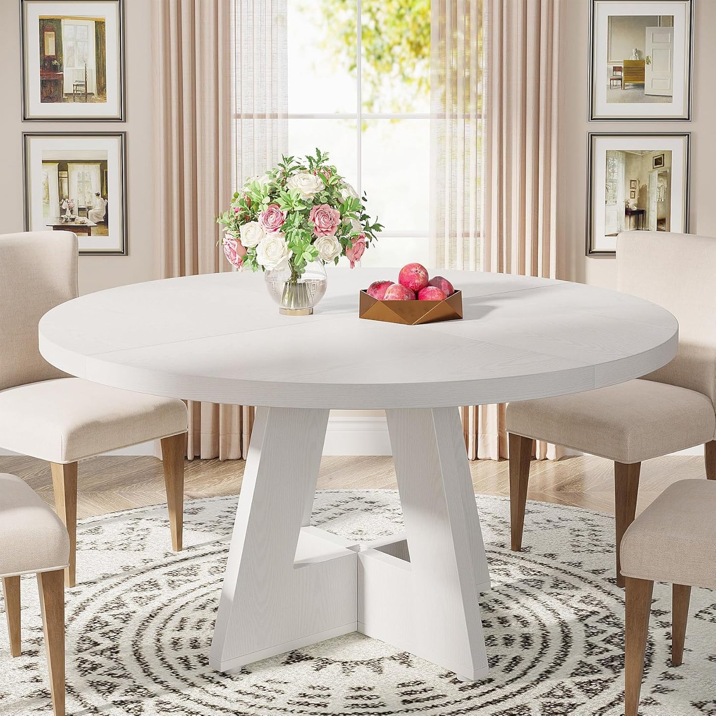 Tribesigns Round Dining Table Wood Kitchen Table for Dining Room, 47 in Dinning Room Tables for 4 Man, Farmhouse Dinner Table with Wooden Tabletop and Cross Base, Black