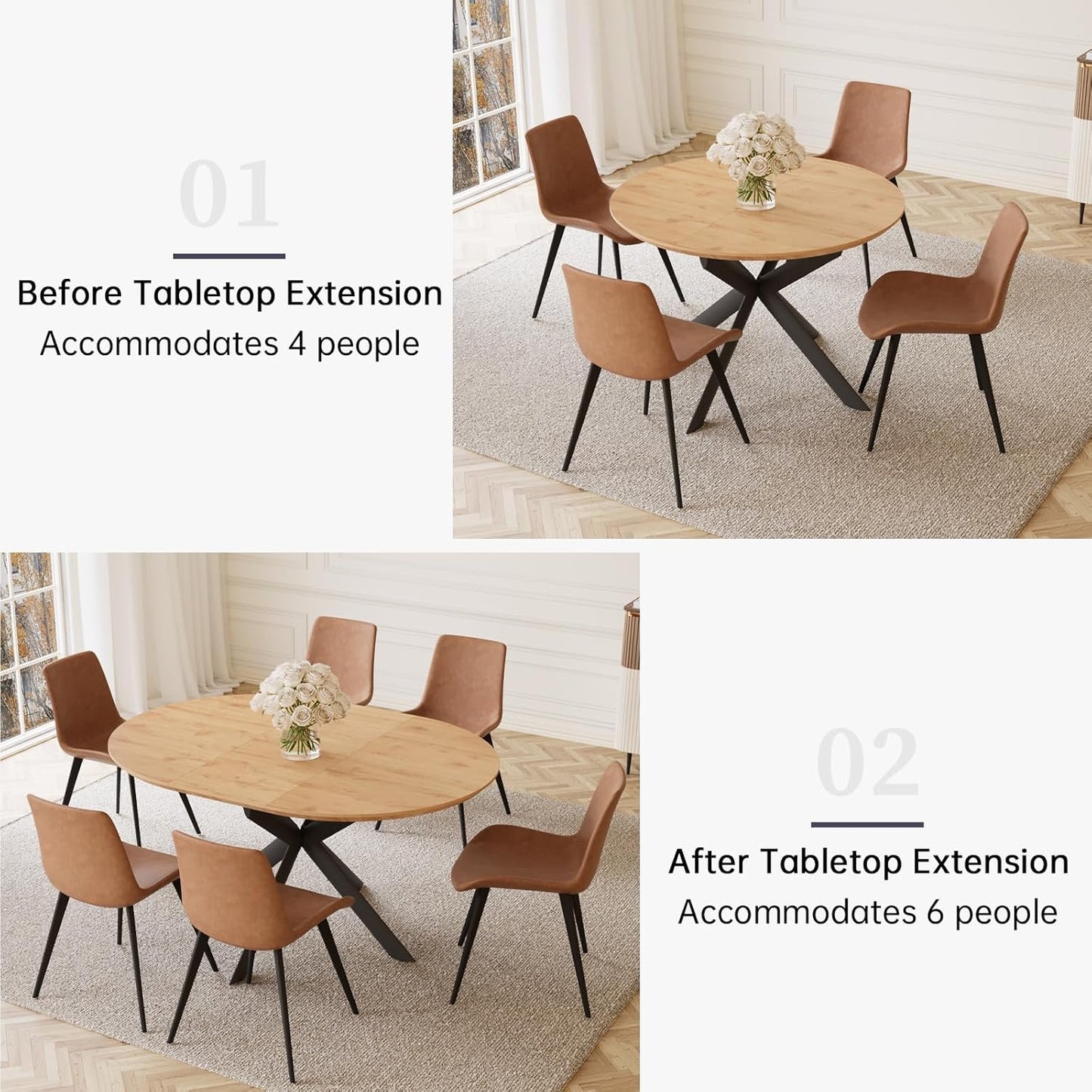 43.2"-59.1" Extendable Round Dining Table, Mid Century Modern Wooden Round Table, Leisure Oak Coffee Table,Saving Space