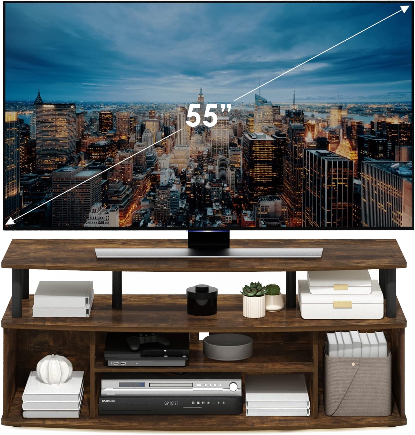 Furinno Jaya Large Entertainment Center Stand Unit/TV for up to 55 inch, Amber Pine/Black