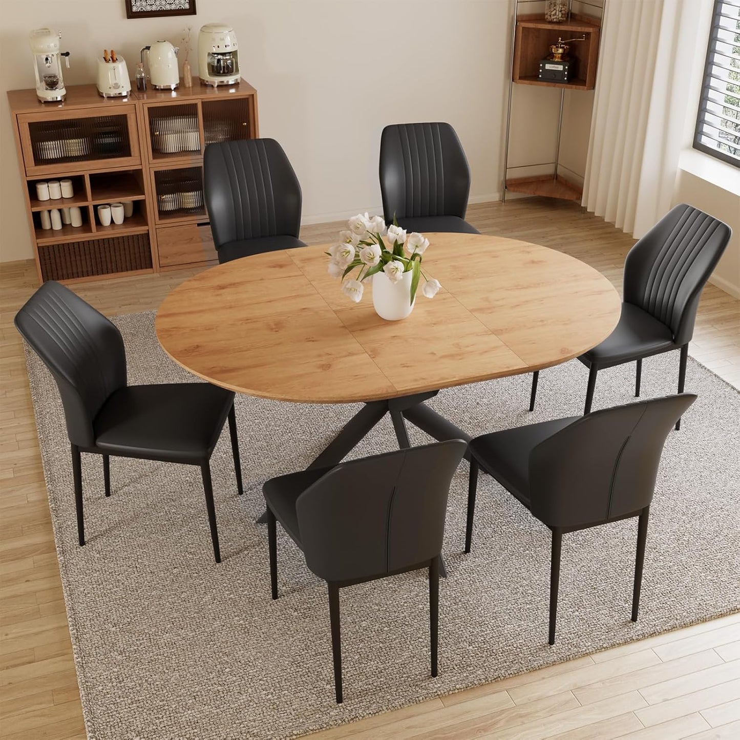 43.2"-59.1" Extendable Round Dining Table, Mid Century Modern Wooden Round Table, Leisure Oak Coffee Table,Saving Space