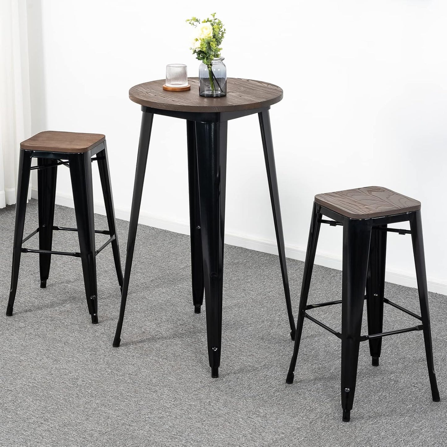 Brage Living 30 Inch Metal Bar Stools with Square Solid Elm Wood Seat Top, Backless Stackable Industrial Barstools Set of 2 (Black)