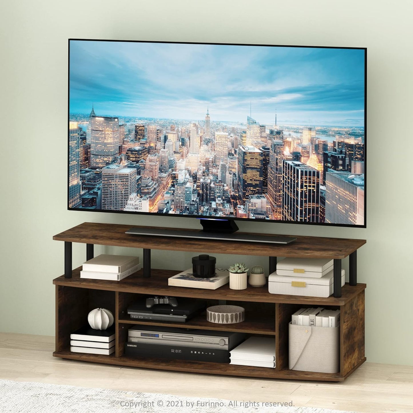 Furinno Jaya Large Entertainment Center Stand Unit/TV for up to 55 inch, Amber Pine/Black