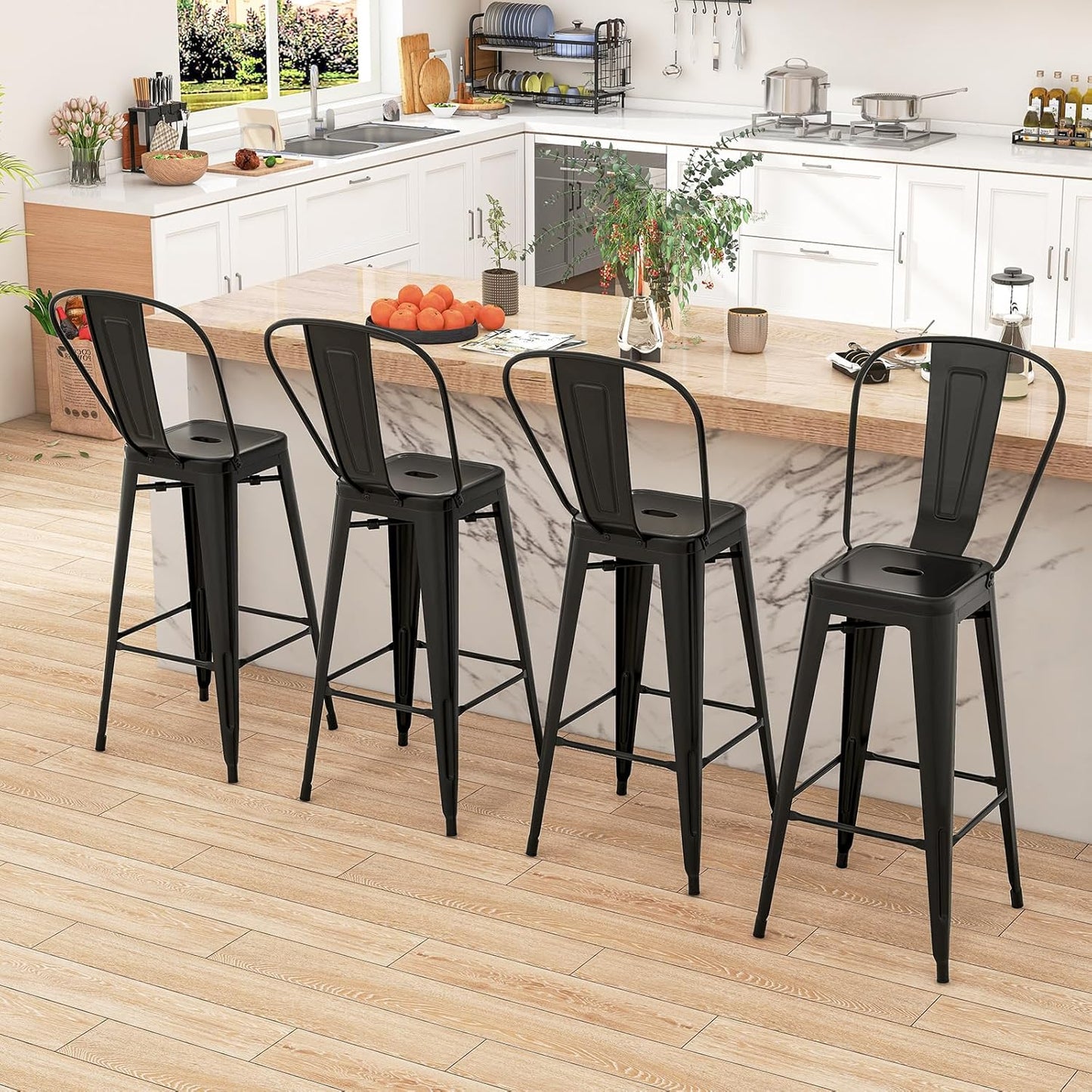 COSTWAY 30'' Metal Bar stools Set of 4, with Removable Back,Bar Height Stools with Rubber Feet, Stylish and Modern Chairs, for Kitchen, Dining Rooms, and Side Bar (Black-Update, 30'')