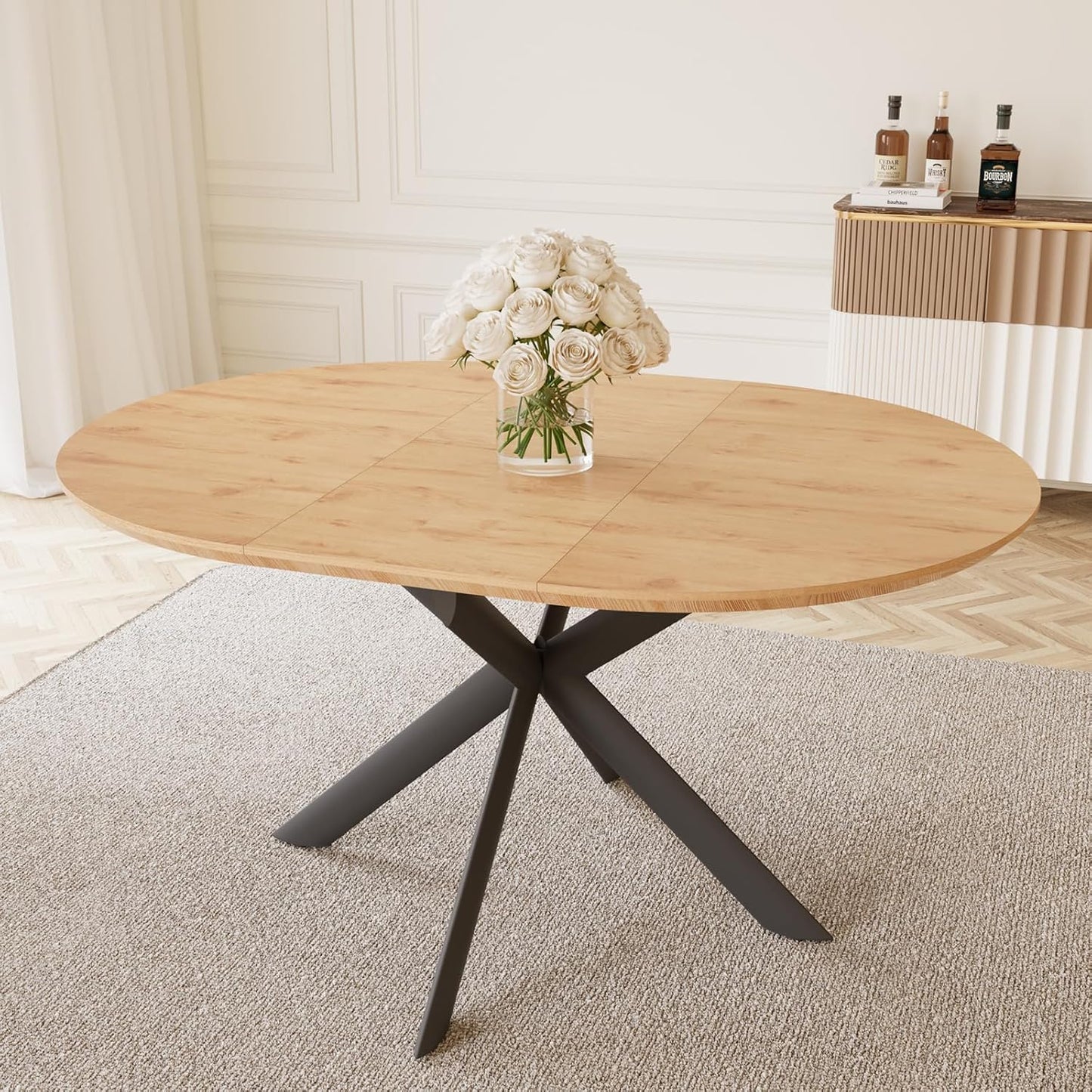 43.2"-59.1" Extendable Round Dining Table, Mid Century Modern Wooden Round Table, Leisure Oak Coffee Table,Saving Space
