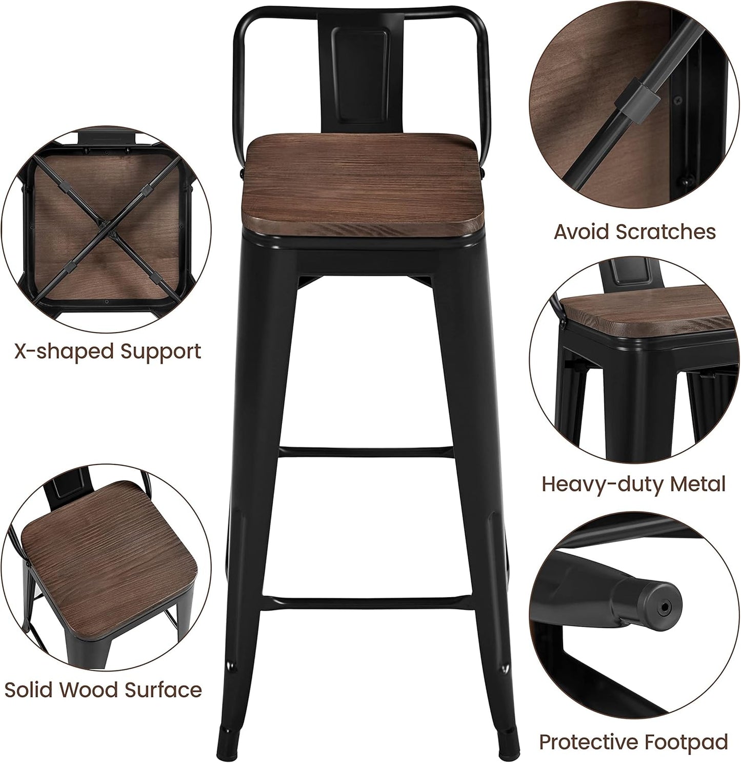 Yaheetech 30" Metal Barstools Set of 4 Bar Height Bar Stools with Wooden Top Low Back Industrial Bar Stools Metal Stool for Indoor-Outdoor Counter Stools with Wooden Seat Matte Black