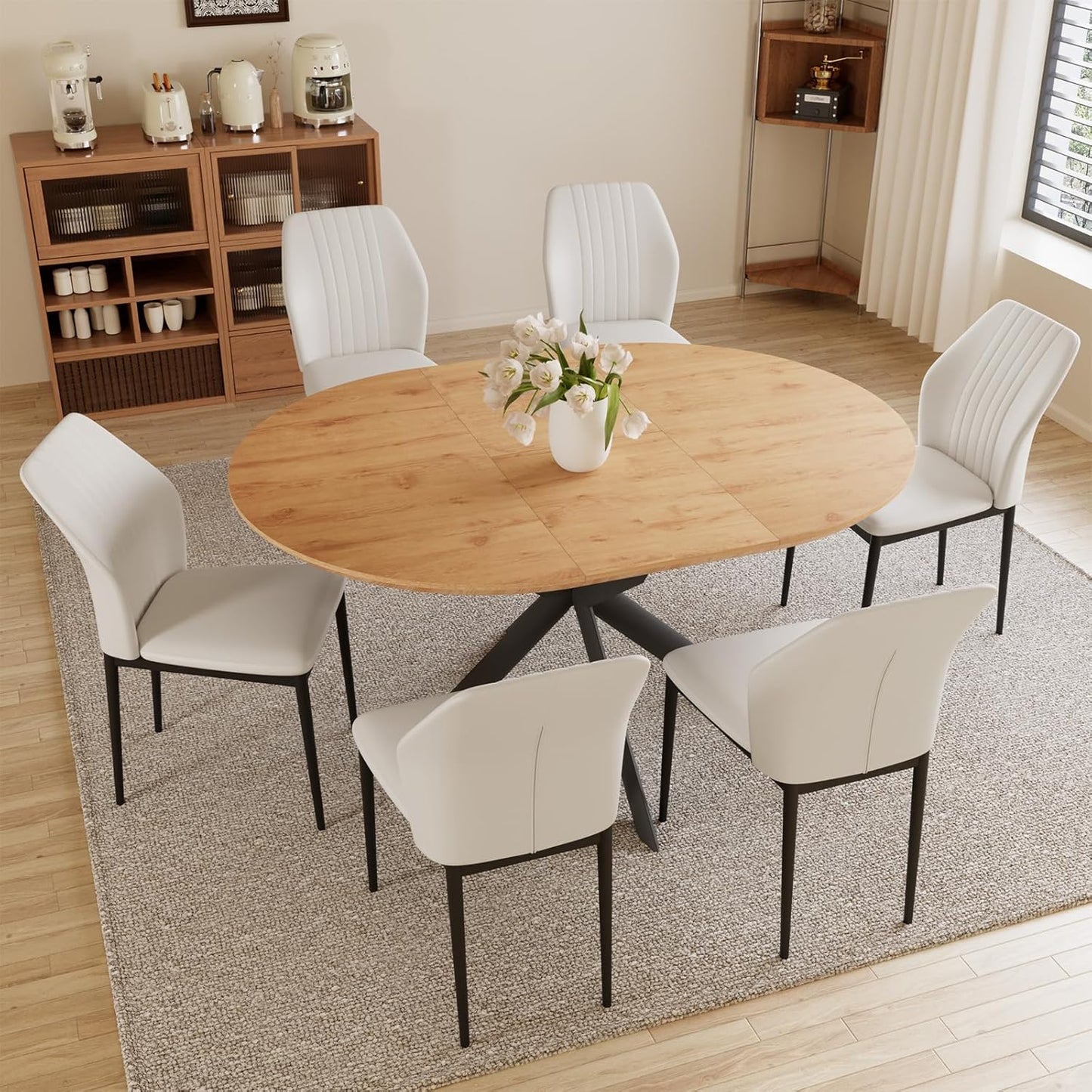 43.2"-59.1" Extendable Round Dining Table, Mid Century Modern Wooden Round Table, Leisure Oak Coffee Table,Saving Space