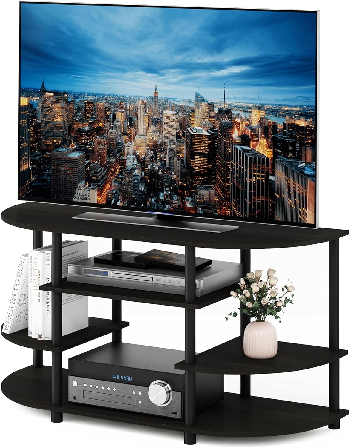 Furinno JAYA Simple Design Corner TV Stand, French Oak Grey/Black, 42.04 x 22.75 x 15.55 Inches