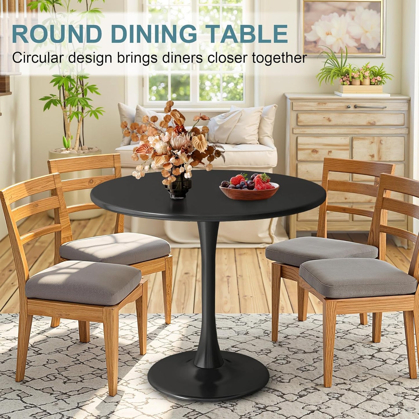 Okak 31.5 Inch Round Dining Table for 2-4, Modern Dinner Table Small Circle Dining Room Tables Farmhouse Kitchen Tables with Metal Base for Dining Room, Kitchen, Living Room, Small Space, Dark Black