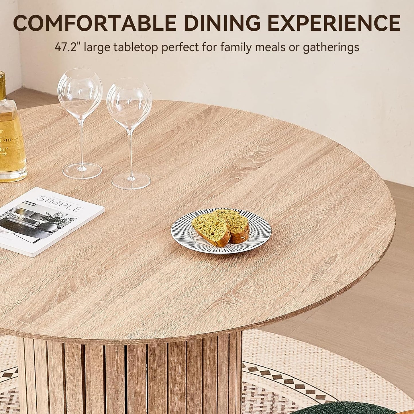 47" Round Dining Table for 4, [Chamfered Edge 1.2" Thickness Tabletop] Farmhouse Kitchen Table Circle Pedestal Dinner Table, φ47.2 x H 29.5"
