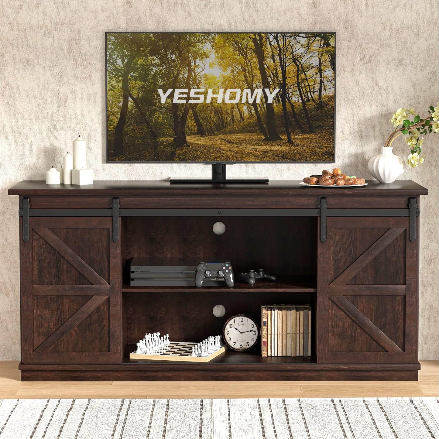 YESHOMY Farmhouse TV Stand for Televisions up to 65 Inches, Sliding Barn Doors and Storage Cabinets, Console Table and Media Furniture for Living Room, 58 Inch, Milk White