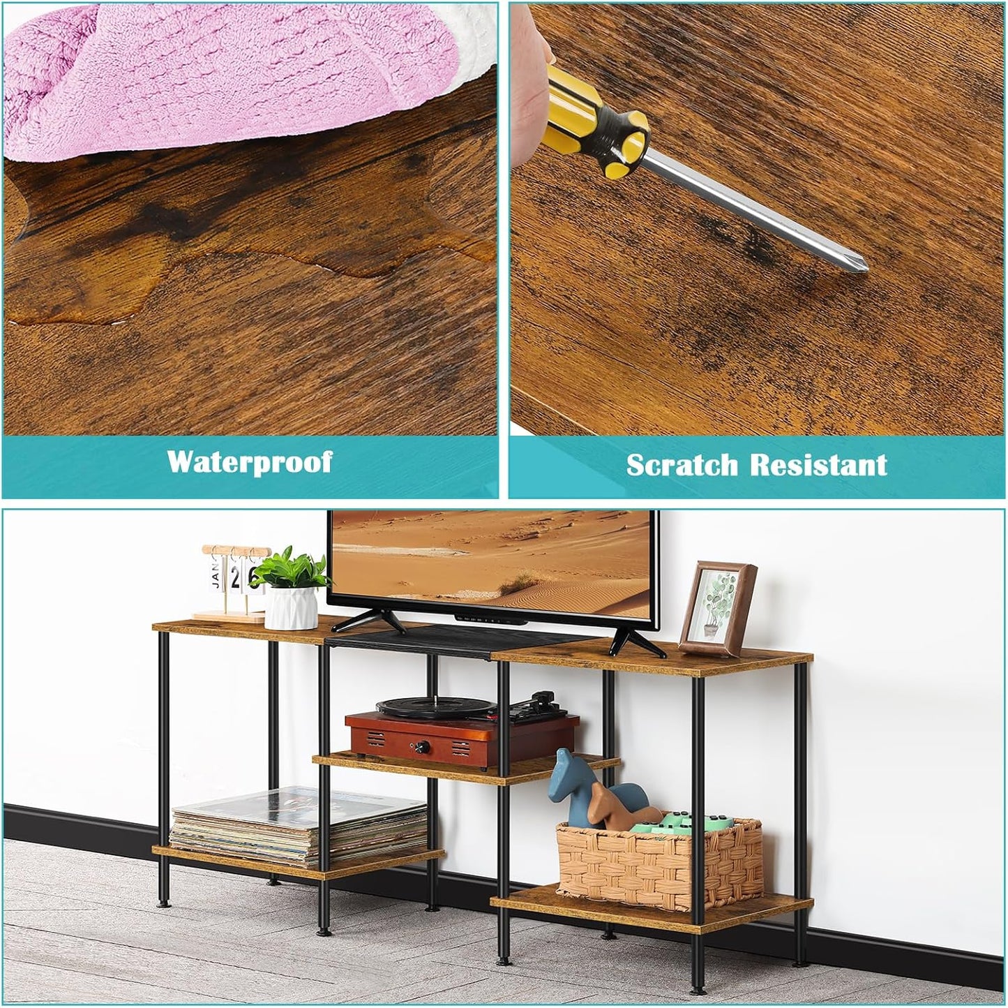 Industrial TV Stand with Storage for 50 inch TV Rustic TV Cabinet with Open Storage Shelf 3 Tier Entertainment Center Wood Console Table with Metal Round Tubes for Living Room Bedroom, Brown