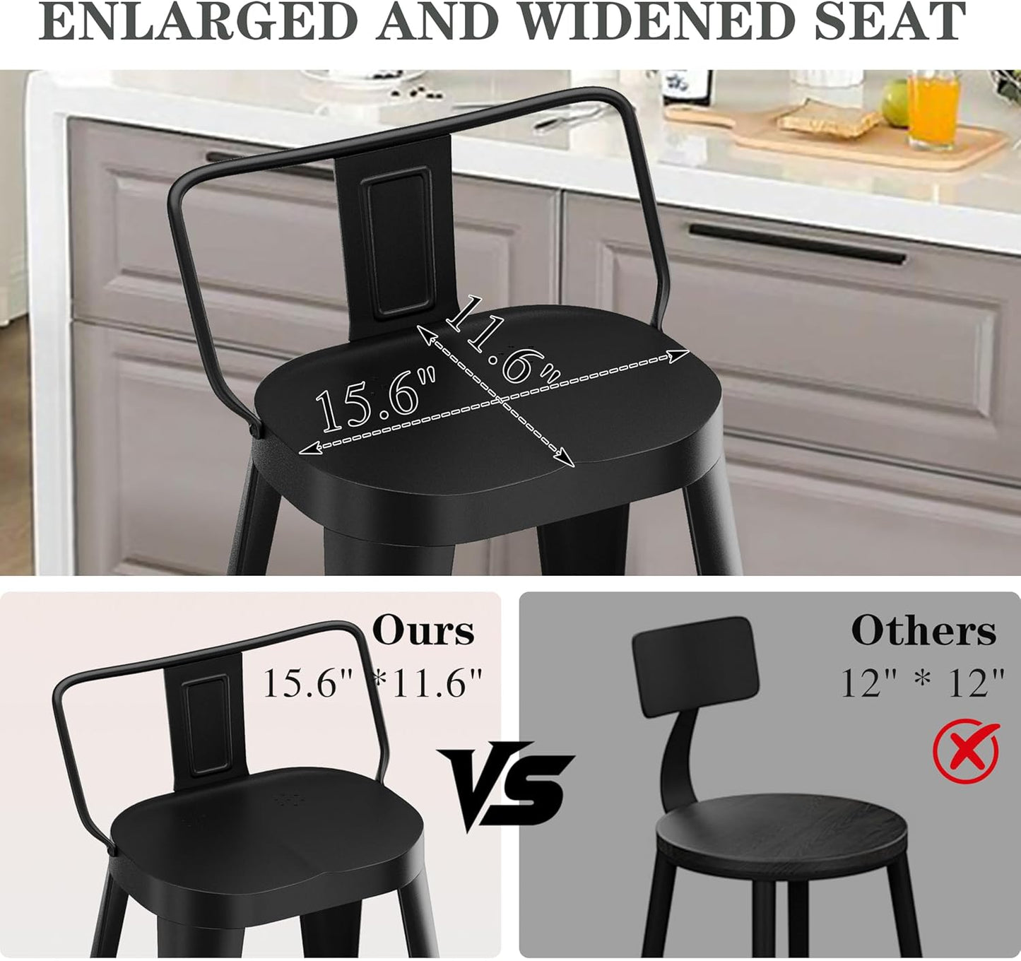 ALISH 24 Inch Bar Stools Set of 4, Industrial Metal Barstools Farmhouse Bar Chairs with Large Seat for Kitchen Island (24 Inch, Black)