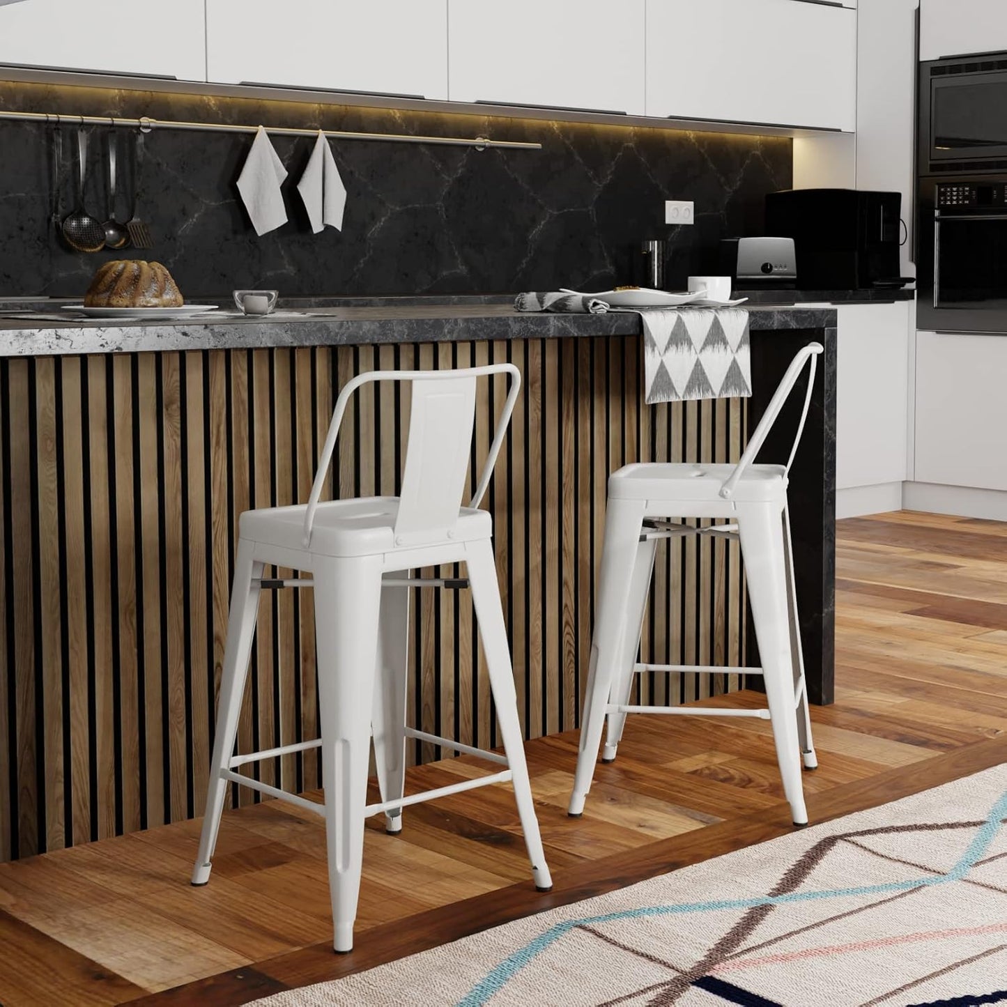 SIMPLIHOME Rayne Counter Stools (Set of 2) - 24 Inch Seat Height Metal Kitchen Seats in White, Industrial Seating for Dining Room or Kitchen with Curved Backrest and Footrest