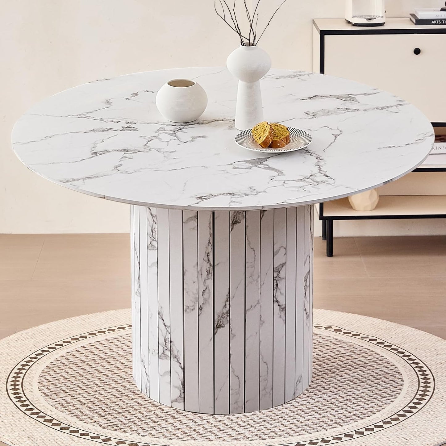 47" Round Dining Table for 4, [Chamfered Edge 1.2" Thickness Tabletop] Farmhouse Kitchen Table Circle Pedestal Dinner Table, φ47.2 x H 29.5"