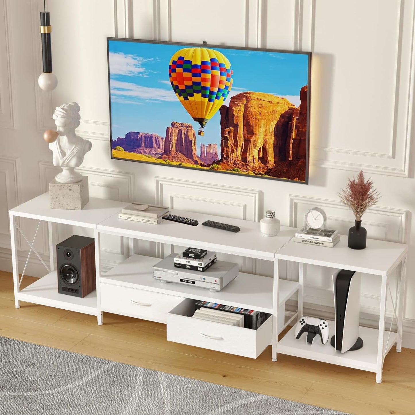 TV Stand with Fabric Drawer - Entertainment Center and Industrial TV Console Table with Open Storage Shelves for Living Room, Bedroom - 55.1" Rustic Brown