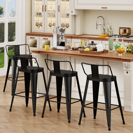 ALISH 24 Inch Bar Stools Set of 4, Industrial Metal Barstools Farmhouse Bar Chairs with Large Seat for Kitchen Island (24 Inch, Black)