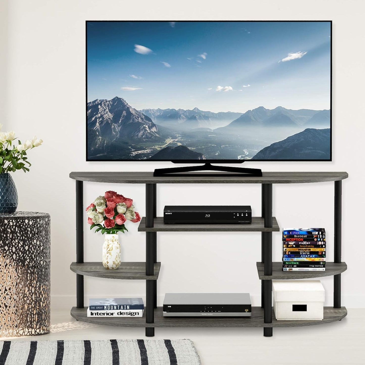 Furinno JAYA Simple Design Corner TV Stand, French Oak Grey/Black, 42.04 x 22.75 x 15.55 Inches