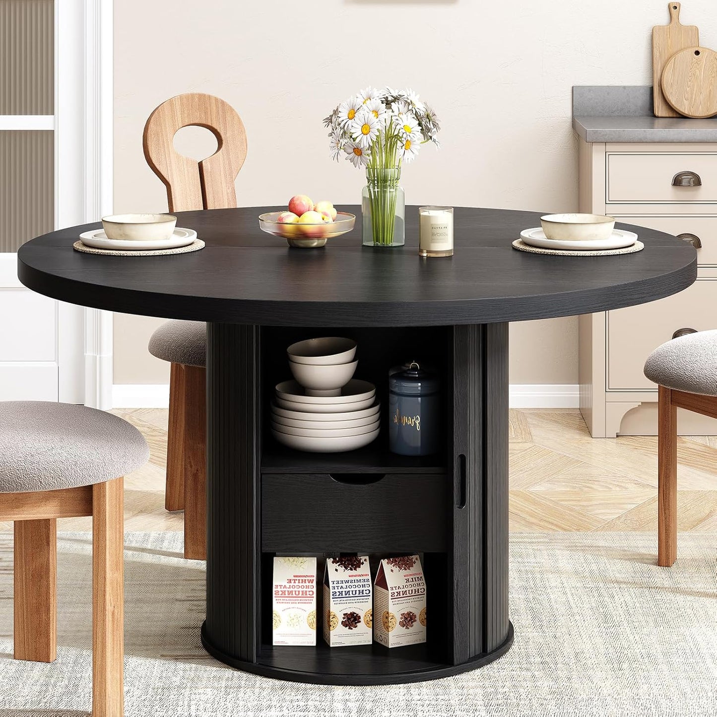 47 inch Round Dining Table for 4, Circle Kitchen Table with 2-Layer Storage Shelf and a Drawer, Modern Farmhouse Dinner Tables with Sliding Door and Wood Strip Base for Kitchen, Living Room (Walnut)