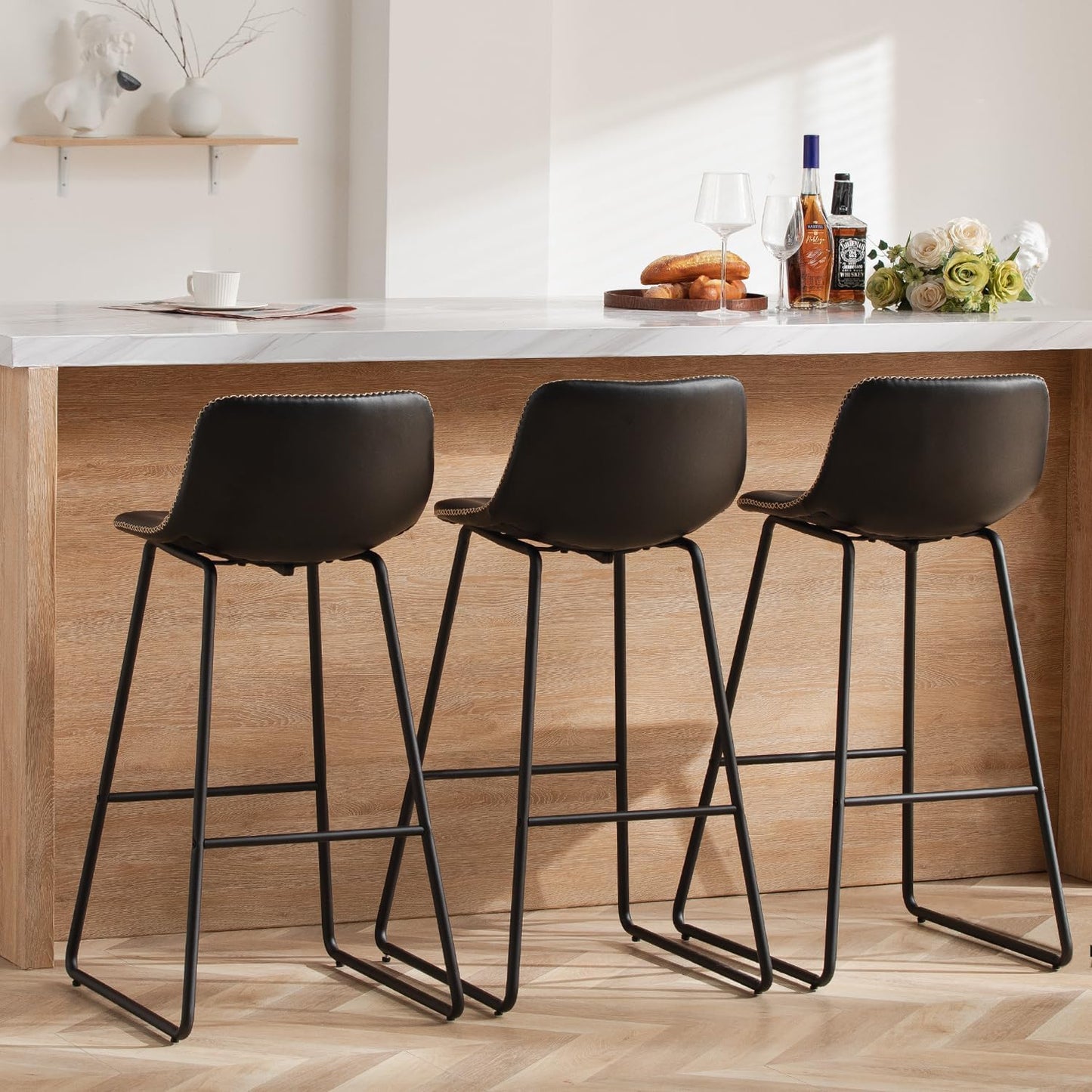HeuGah Bar stools Set of 2,Faux Leather Counter Height Bar Stools,Dining Room Chairs with Metal Legs & Soft Backrest Easy to Assemble
