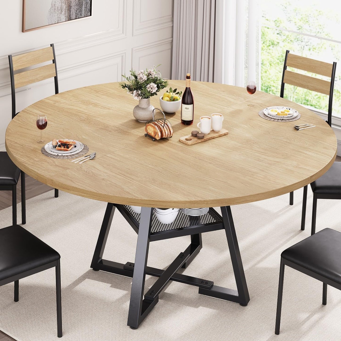Round Dining Table for 4,Kitchen Dining Room Circle Dinner Pedestal Table,Space Saving Wood Kitchen & Dining Room Furniture (Vintage, 47In)