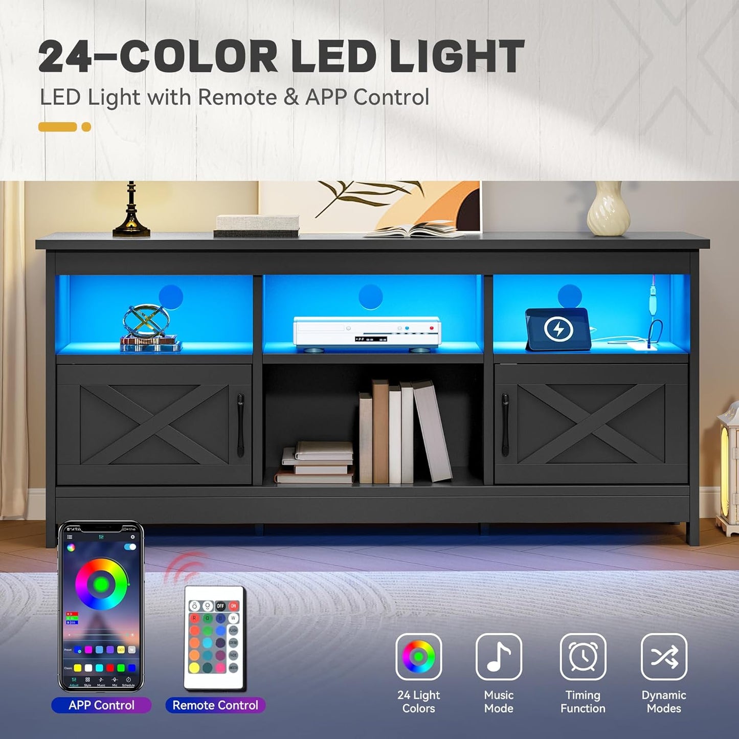 YITAHOME TV Stand for 65 Inch TVs, Entertainment Center with Storage Cabinets, Power Outlet & LED Light, Media TV Console with Barn Doors for Living Room, Black