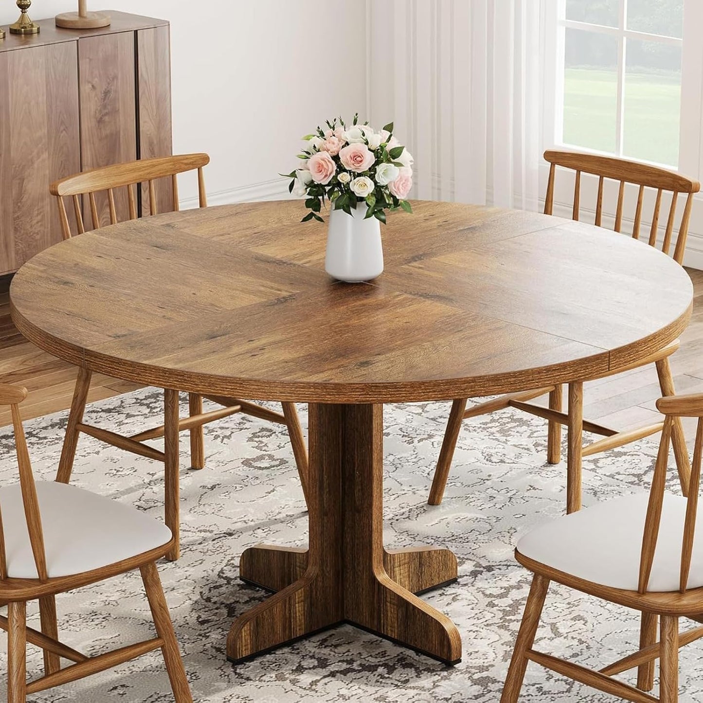 IDEALHOUSE Round Dining Table for 4, 47 Inches Dining Room Table with Wooden Base, Circle Kitchen Dinner Table for Dining Room, Kitchen, Living Room (Table Only), Black