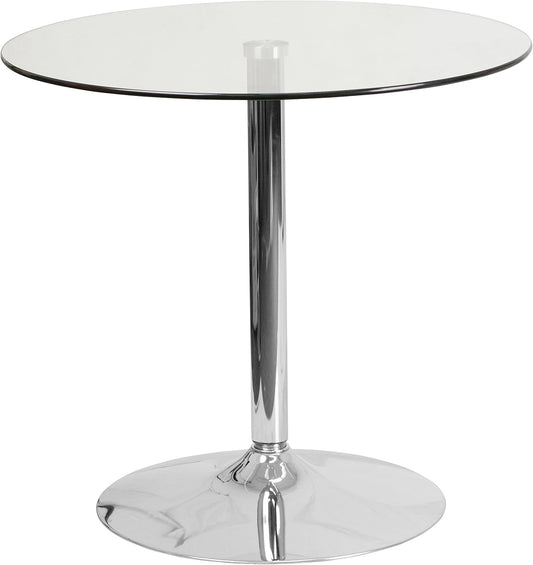Flash Furniture Hills 31.5'' Round Glass Dining Table with 29''H Chrome Base, Decorative Narrow Round Tempered Glass Cocktail Table, Clear/Silver