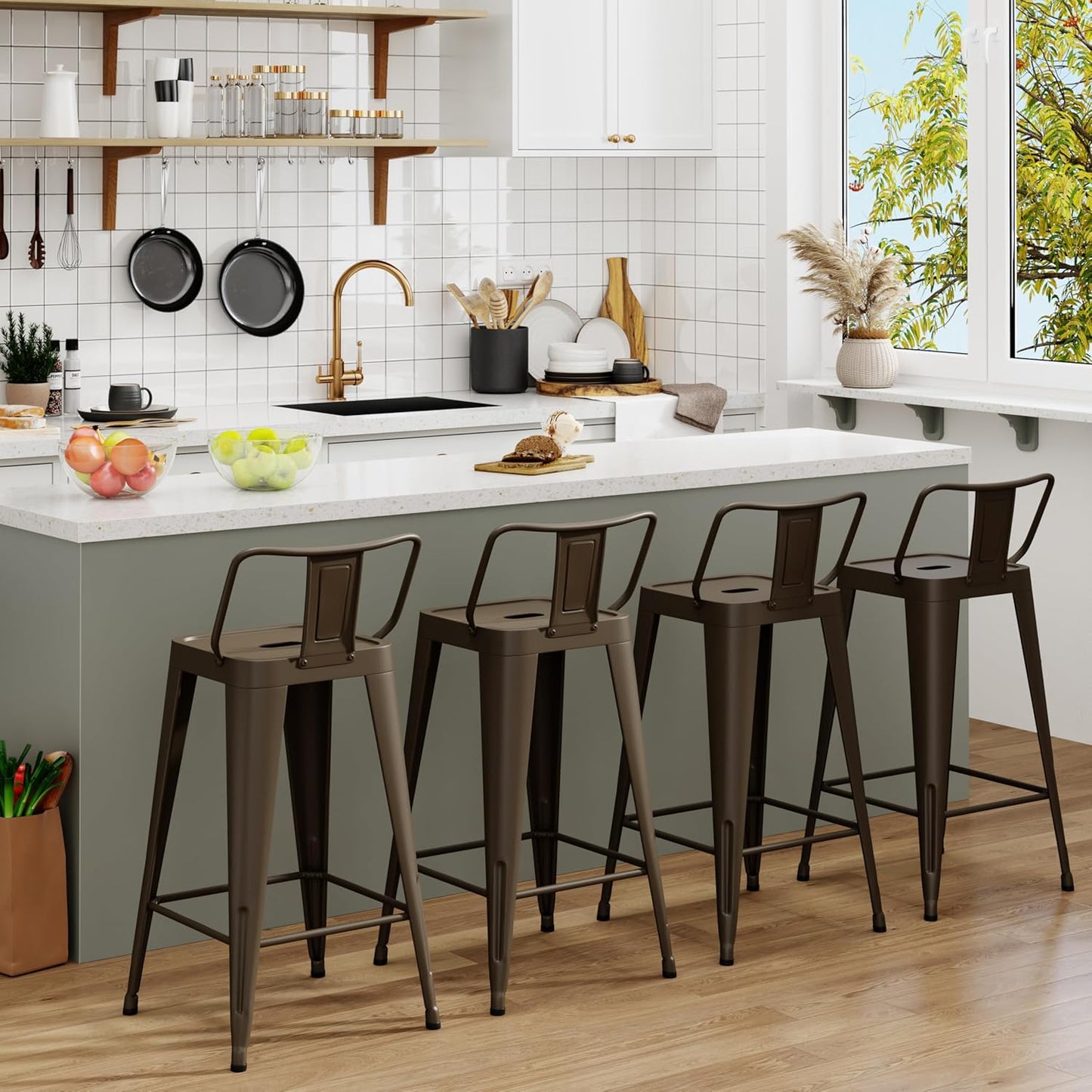 Metal Bar Stools Set of 4 Barstools Indoor/Outdoor Counter Height Bar Stools Bar Chairswith Back Counter Height for Kitchen Island Dining Room (Black, 26inch)