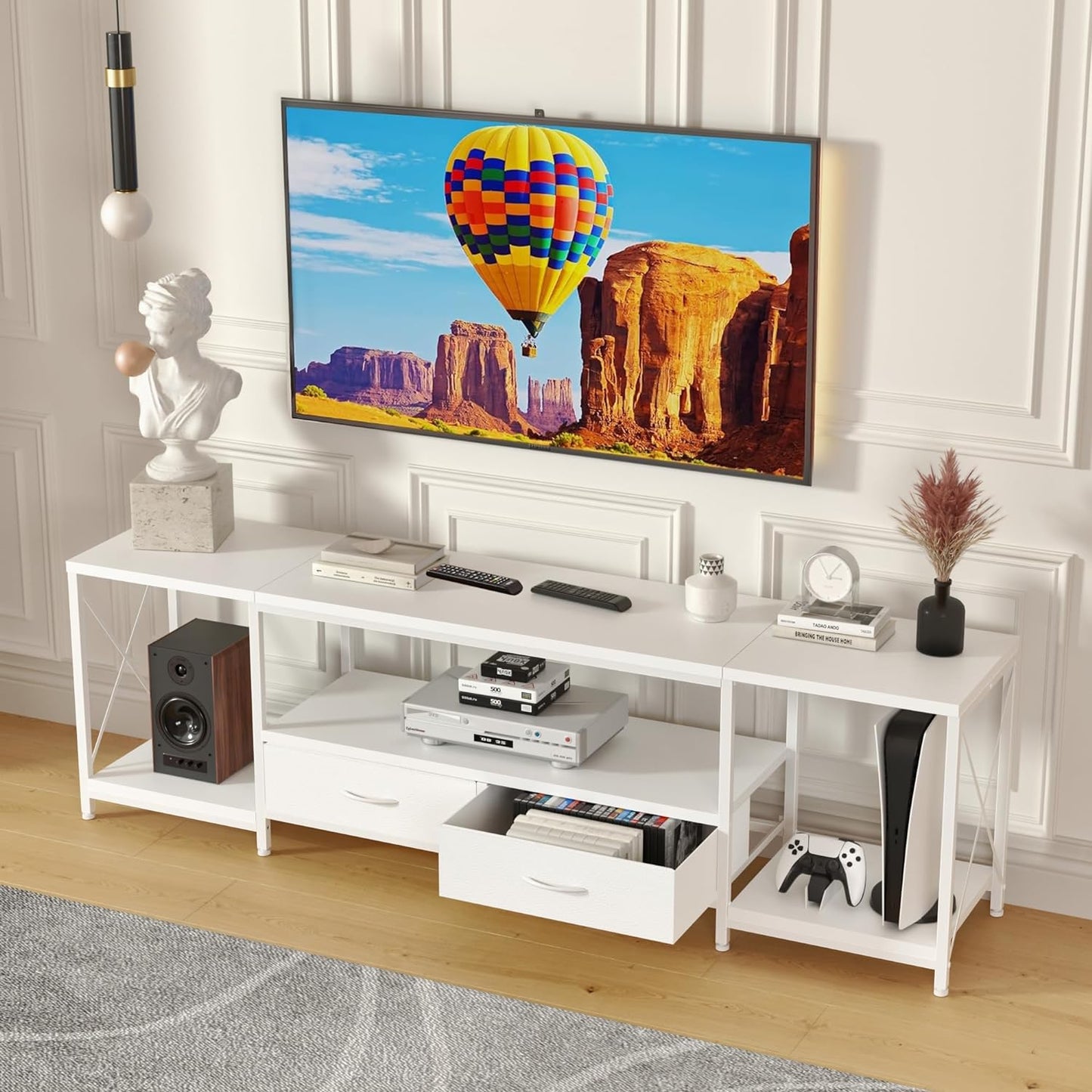 TV Stand with Fabric Drawer - Entertainment Center and Industrial TV Console Table with Open Storage Shelves for Living Room, Bedroom - 55.1" Rustic Brown