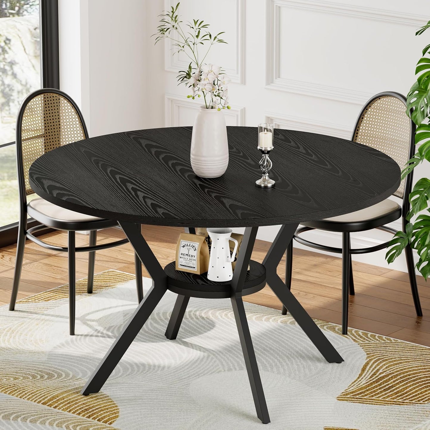 42" Round Dining Table for 4, Farmhouse Kitchen Table with Storage, Space Saving Circle Dinner Table, Rustic Wood Kitchen & Dining Room Tables with Metal Legs for Kitchen, Living Room, Dining Room