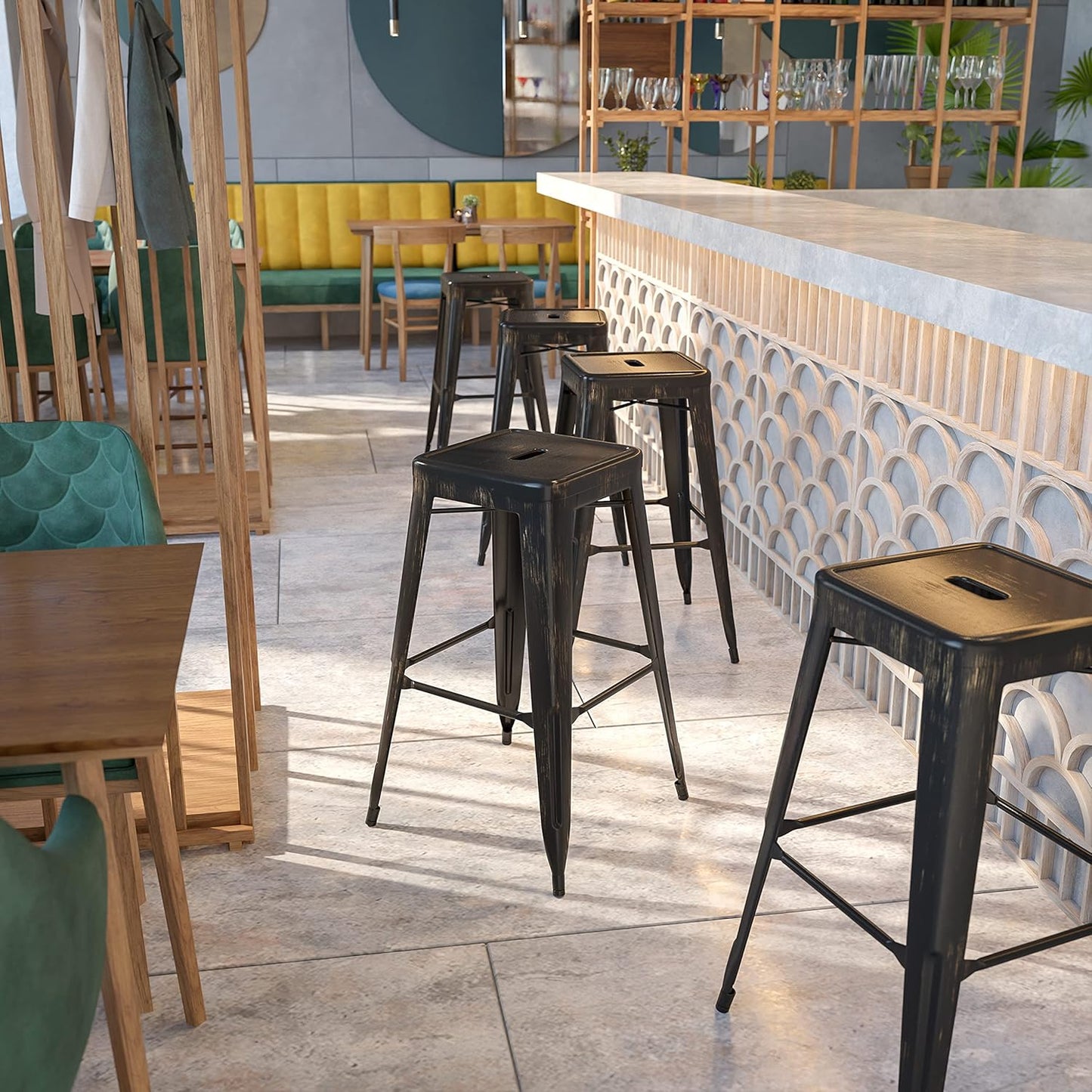 EMMA + OLIVER Commercial Grade 30" H Backless White Metal Indoor-Outdoor Barstool, Square