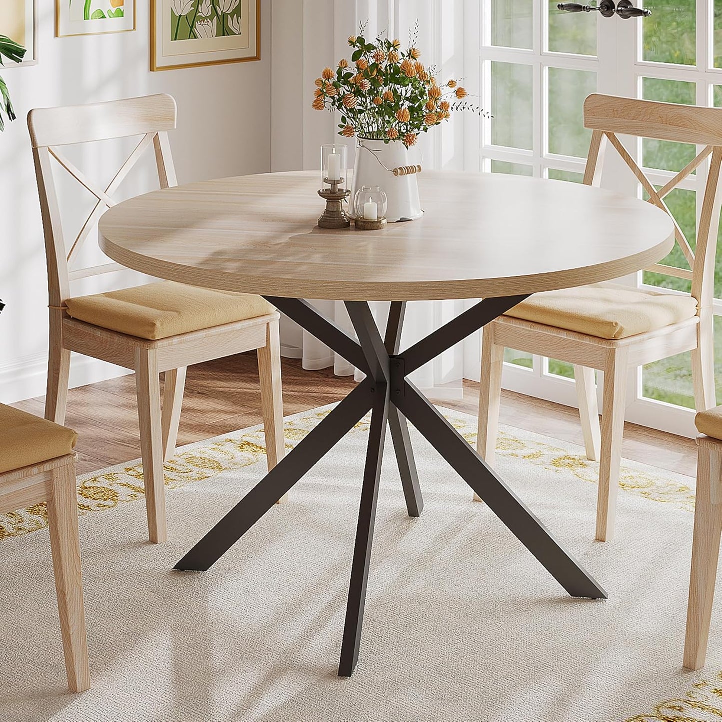 ChooChoo 47.2 Inch Round Dining Table for 4, Farmhouse Wood Kitchen Table, Circle Dinner Table for Kitchen & Dining Room, Black