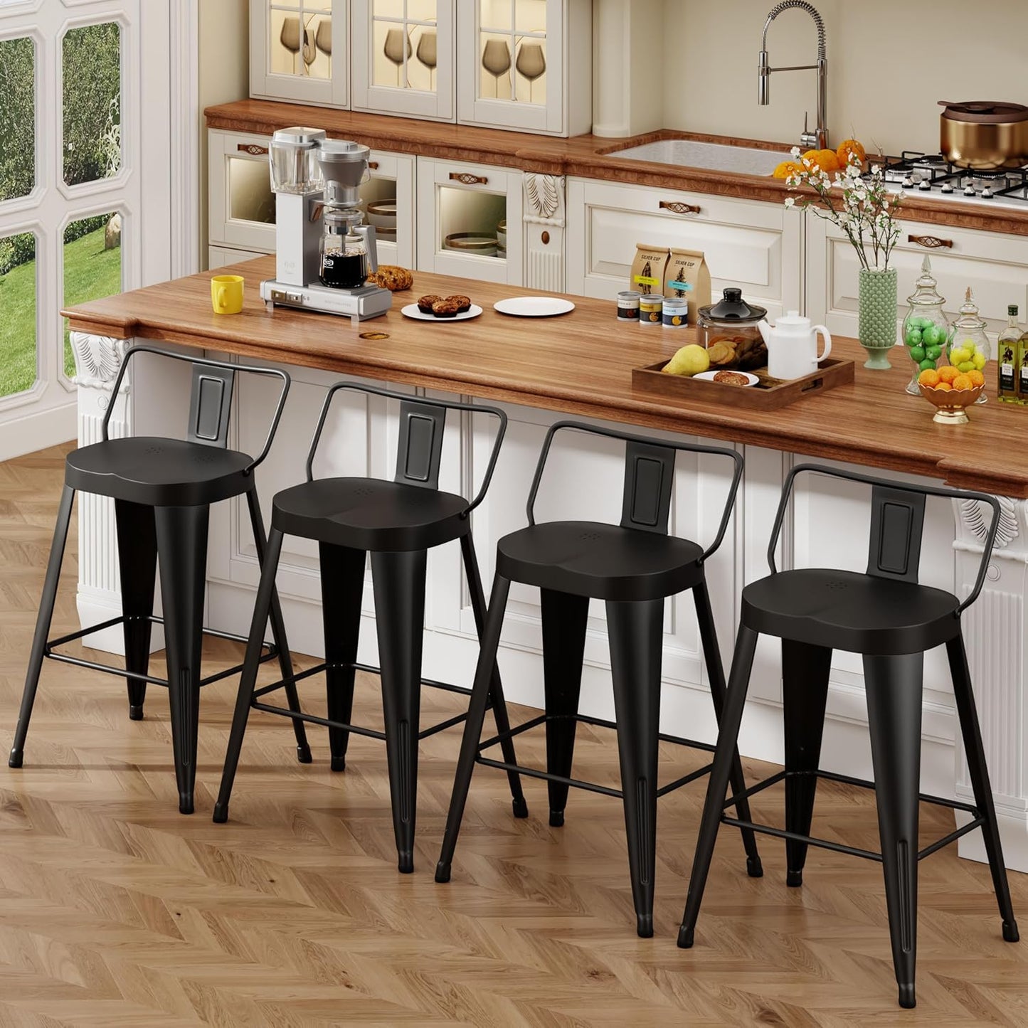 ALISH 24 Inch Bar Stools Set of 4, Industrial Metal Barstools Farmhouse Bar Chairs with Large Seat for Kitchen Island (24 Inch, Black)