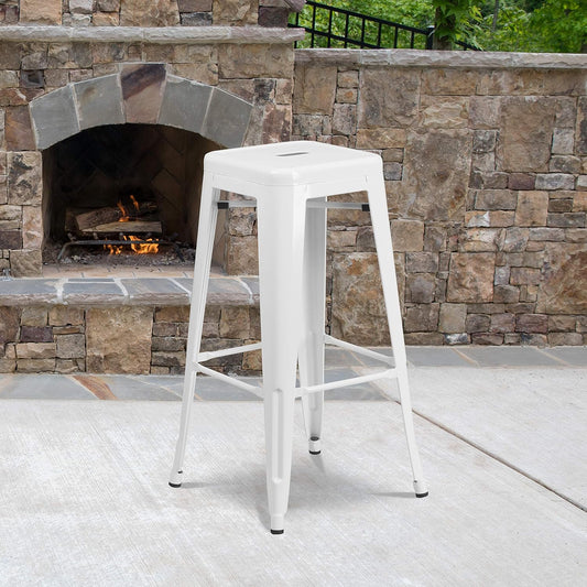 EMMA + OLIVER Commercial Grade 30" H Backless White Metal Indoor-Outdoor Barstool, Square