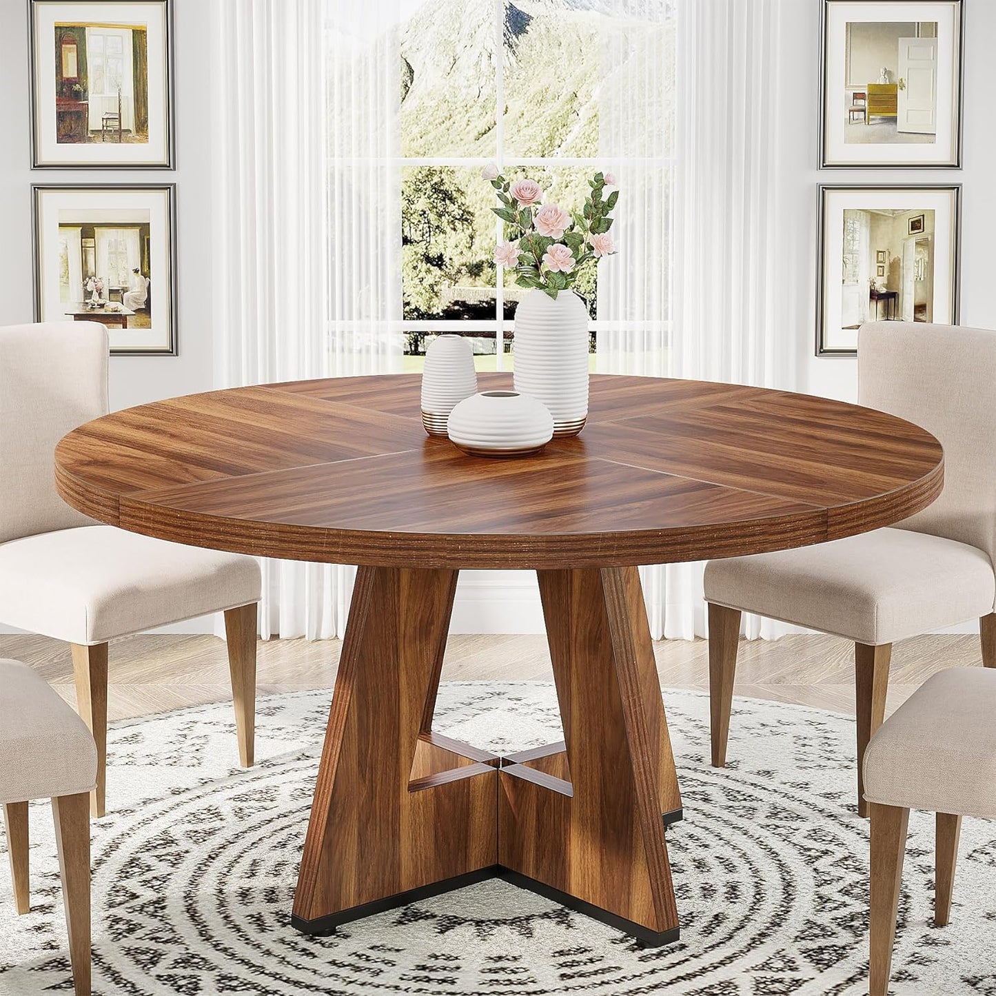 Tribesigns Round Dining Table Wood Kitchen Table for Dining Room, 47 in Dinning Room Tables for 4 Man, Farmhouse Dinner Table with Wooden Tabletop and Cross Base, Black