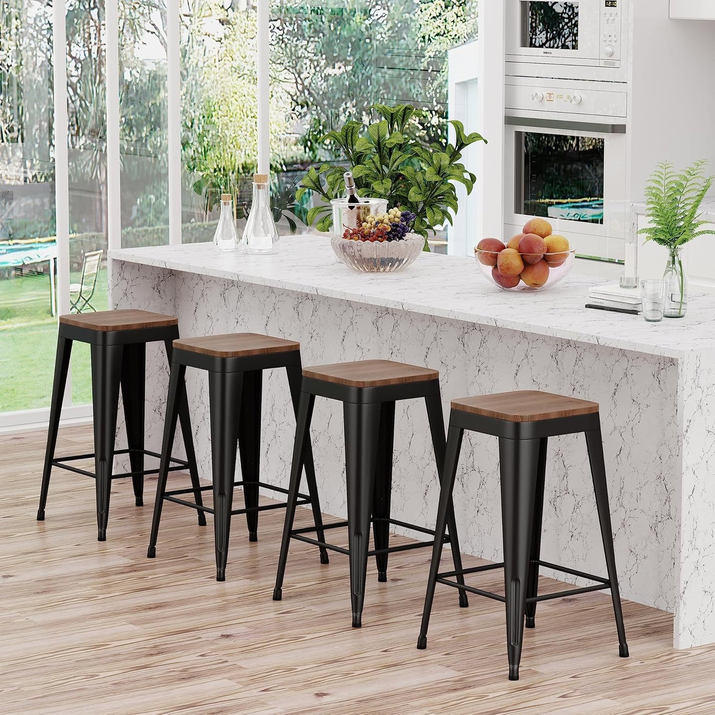 Barstools Set of 4 White Metal Bar Stools Industrial Modern Bar Chairs with Wood Top for Kitchen Island Counter Height Cafe Resturant Stools (Black Without Back, 26 inch Counter Height)