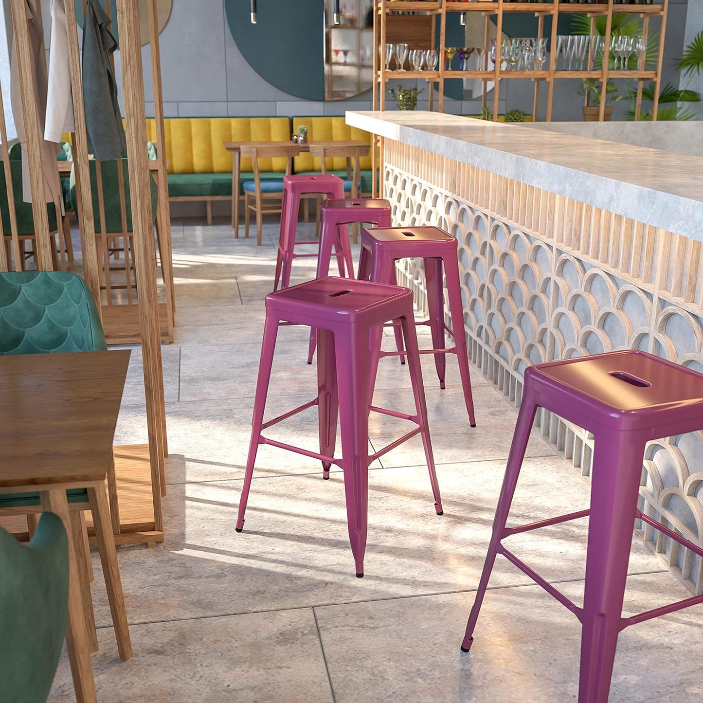 EMMA + OLIVER Commercial Grade 30" H Backless White Metal Indoor-Outdoor Barstool, Square