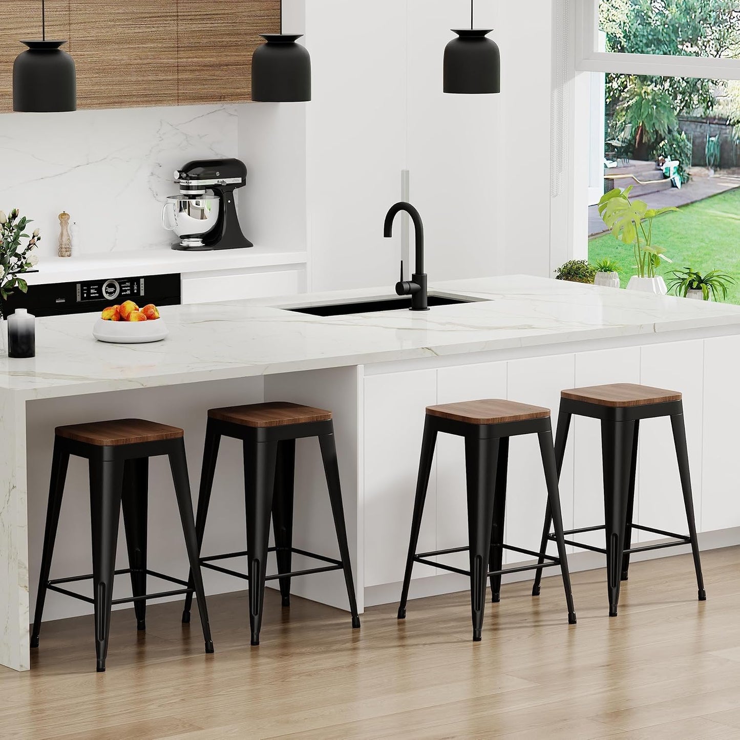 Barstools Set of 4 White Metal Bar Stools Industrial Modern Bar Chairs with Wood Top for Kitchen Island Counter Height Cafe Resturant Stools (Black Without Back, 26 inch Counter Height)