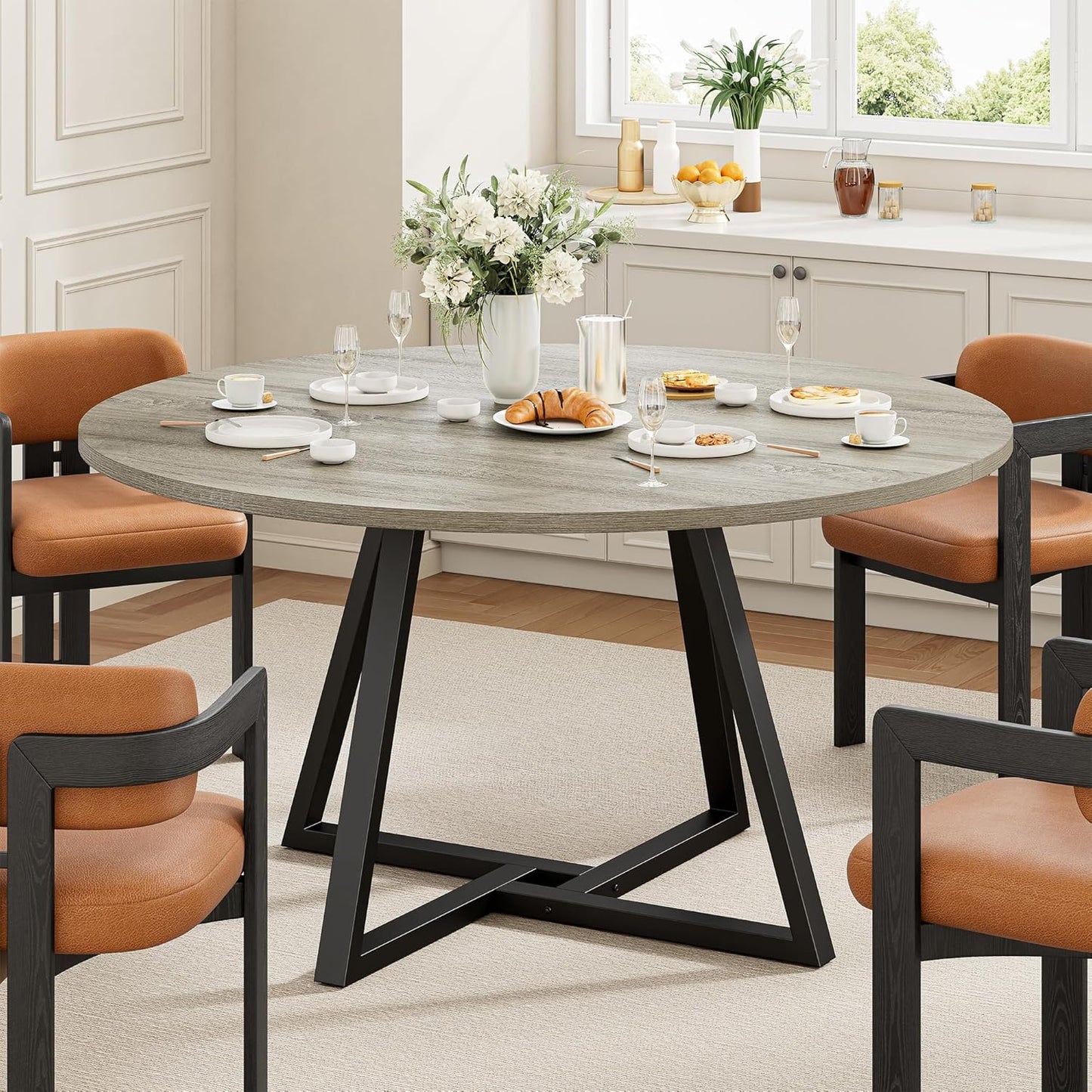 IRONCK 51" Round Dining Table for 6, Wood Kitchen Table with Metal Base, Space Saving Industrial Circle Dinner Table for Kitchen Dining Room, Gray