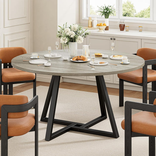 IRONCK 51" Round Dining Table for 6, Wood Kitchen Table with Metal Base, Space Saving Industrial Circle Dinner Table for Kitchen Dining Room, Gray