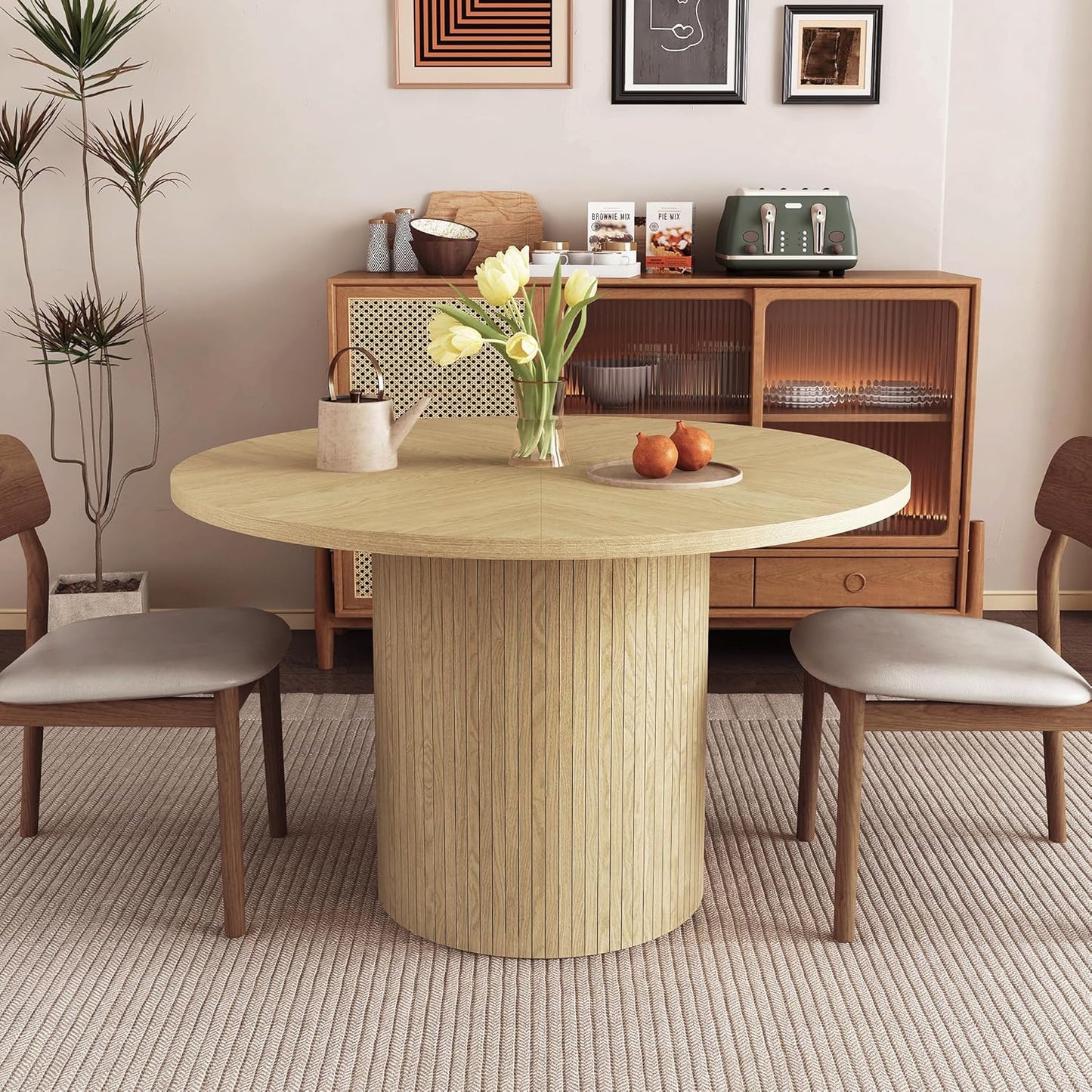 47 inch Round Dining Table for 4, Kitchen Table Dinner Table with 2-Layer Storage Shelf and Wood Slide Door for Home Dining Room Living Room (Natural)